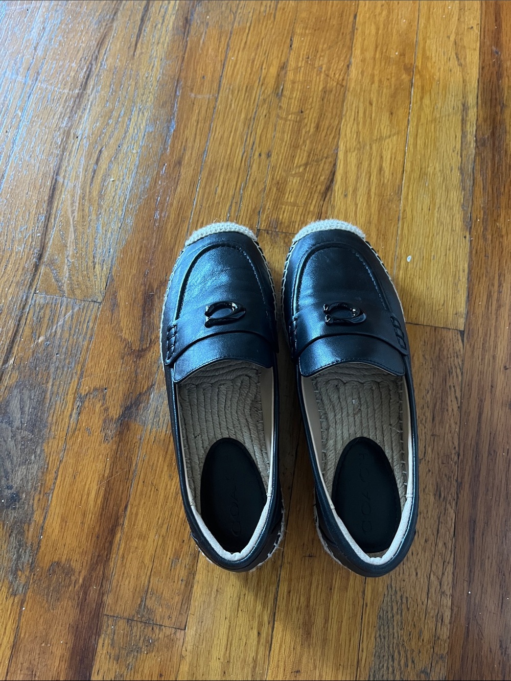 Coach Black Leather Penny Loafers with Espadrille Trim